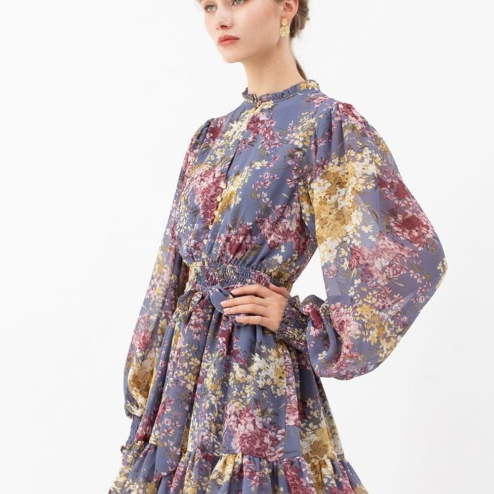 Chicwish Flying Petals Print Puff Sleeves Ruffle Dress in Lavender XS - Picture 3 of 11